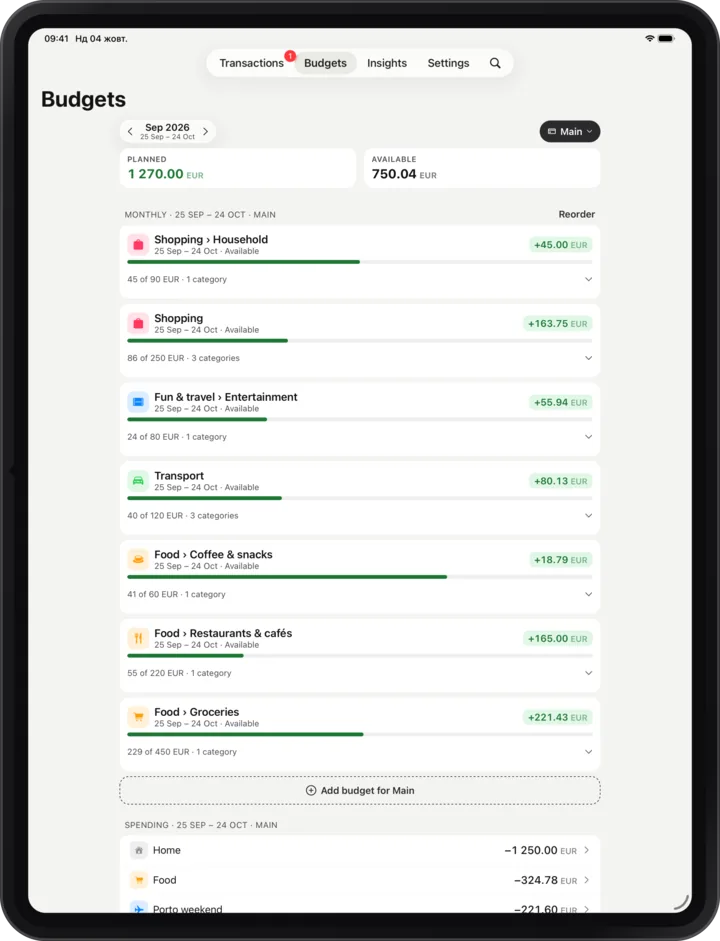 Budgets on an iPad, with Planned and Available above the list