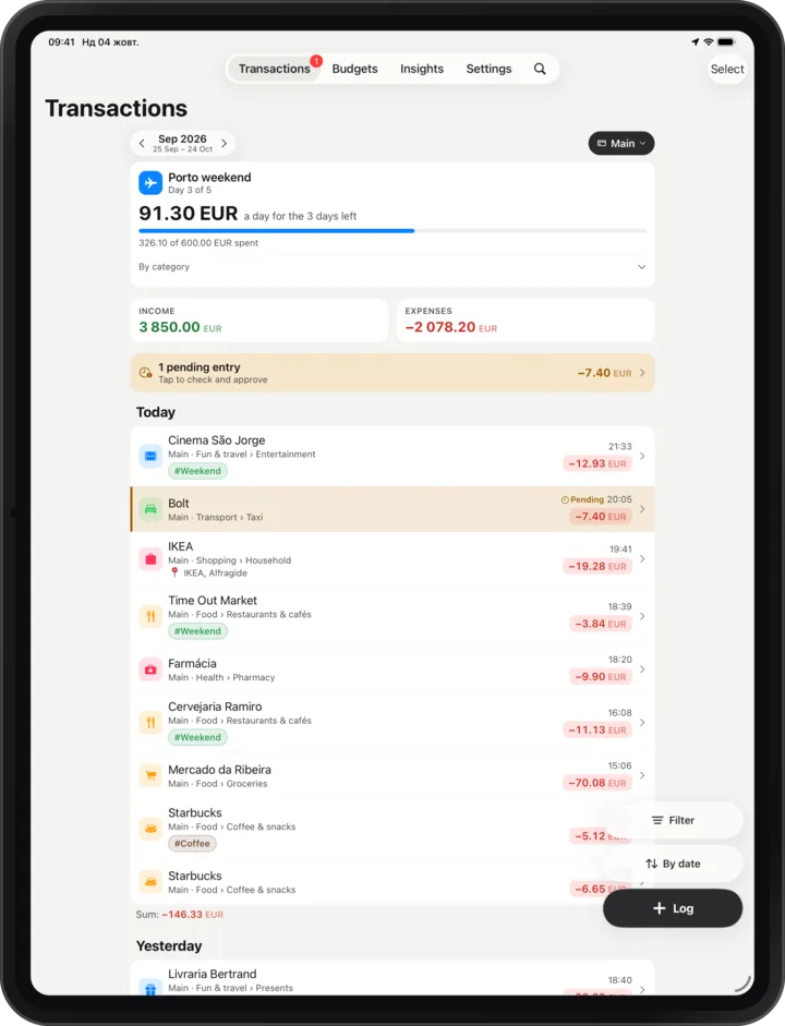 Transactions on an iPad, grouped by day