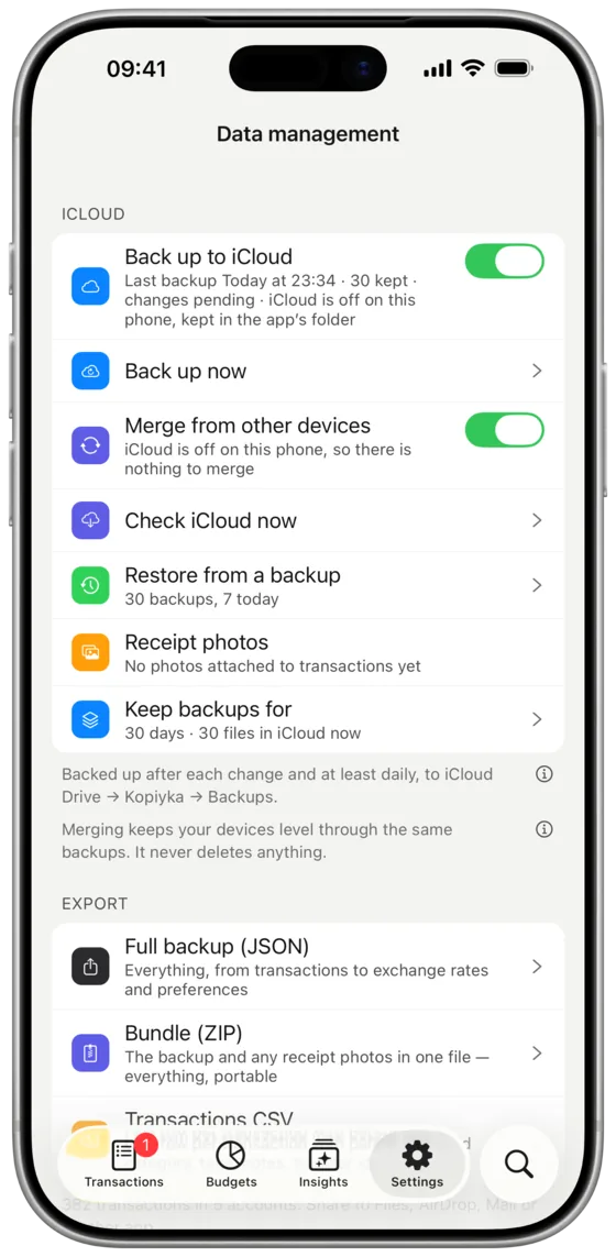 Data management: iCloud backups, exports and receipt photos
