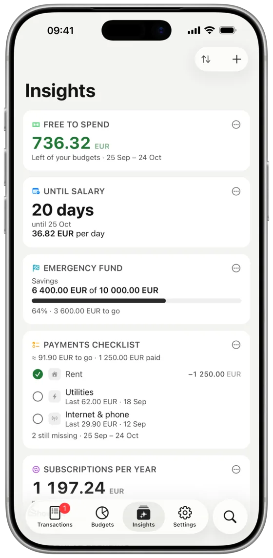 Insight cards: free to spend, a payments checklist, subscriptions per year