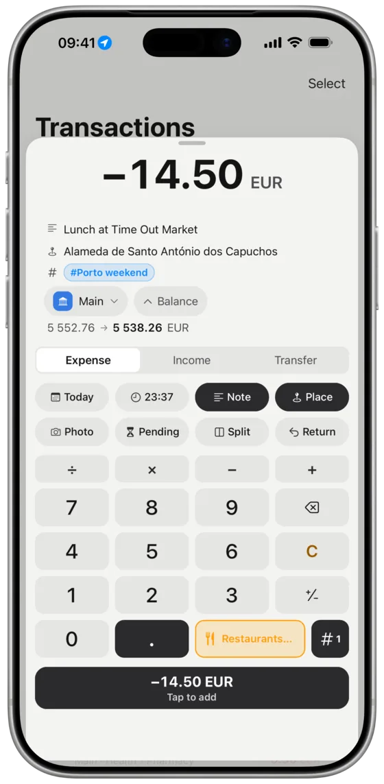 Kopiyka on an iPhone: a calculator keypad with the amount, and the category on the key beside it.