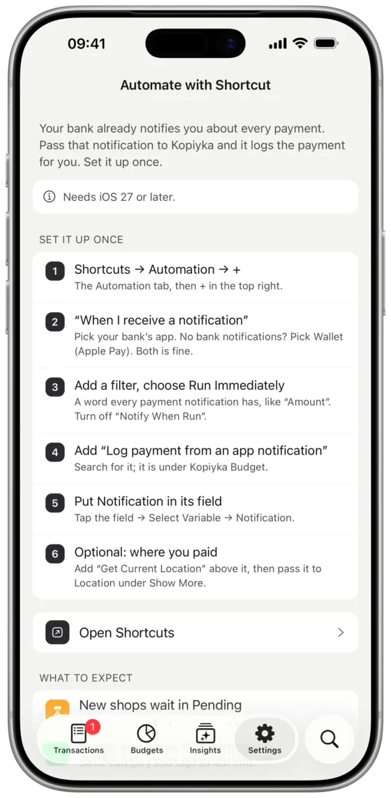 The Shortcuts setup that turns a bank notification into an entry