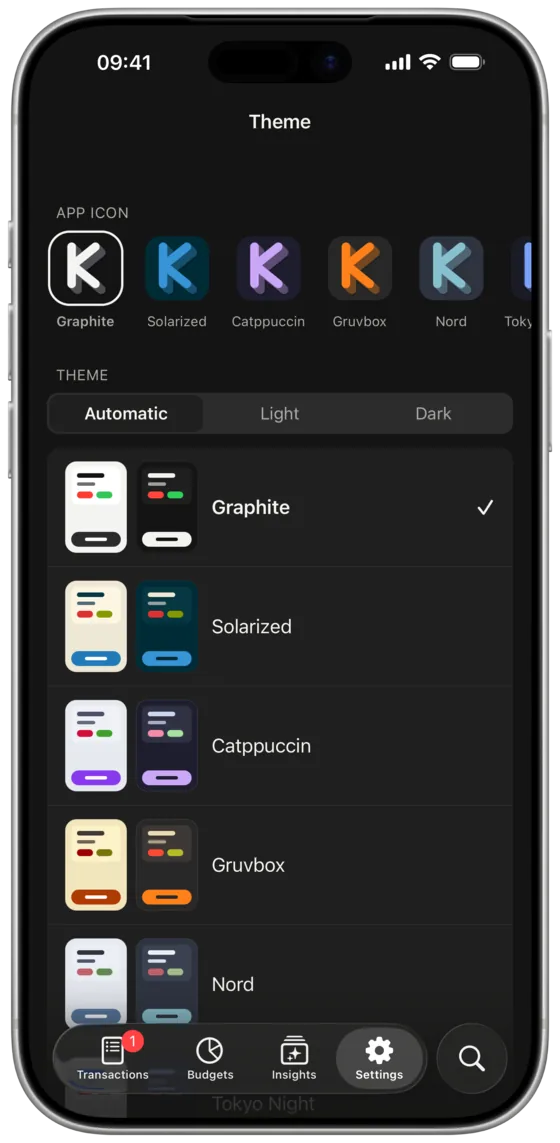 The theme picker with eight colour themes