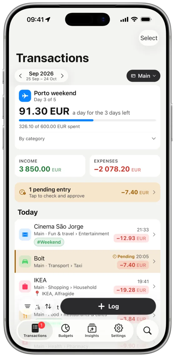 A list of transactions with place, tags and account on each row