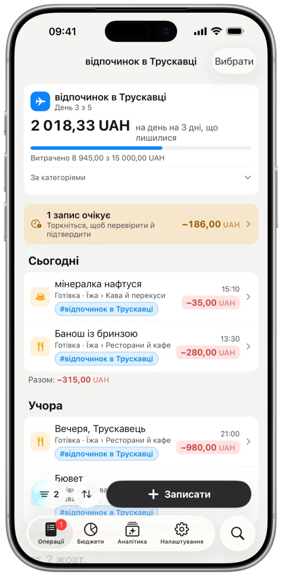 Подорож із власним бюджетом, лімітом на день і витратами з тегом